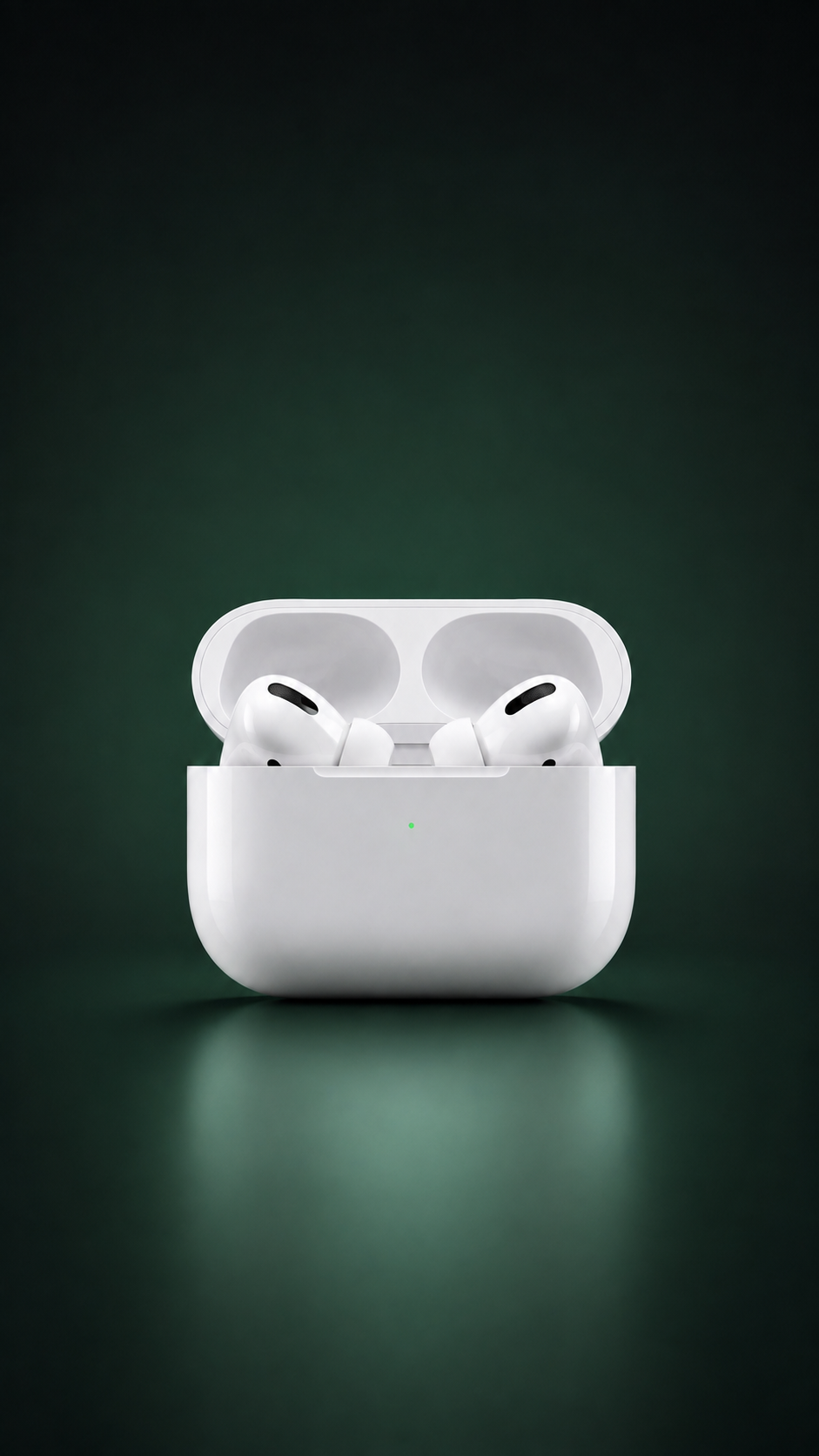 Genuine Apple AirPods Pro 2 charging case, open, on a dark green backdrop