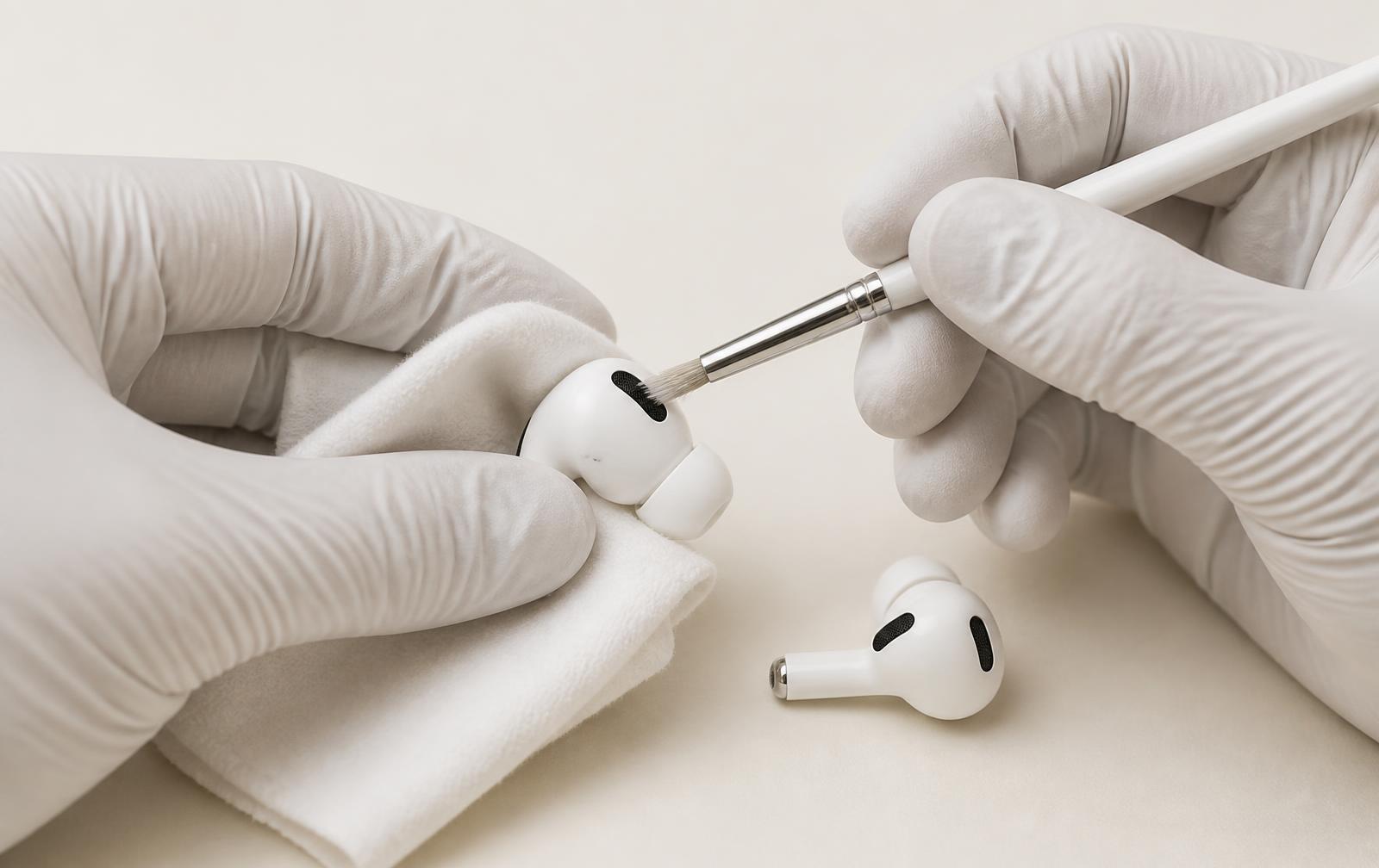 Gloved technician brushing dust from an AirPods Pro 2 earbud during deep cleaning